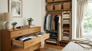 Dresser drawer trays, shelf dividers, and storage baskets arranged in an organized bedroom closet