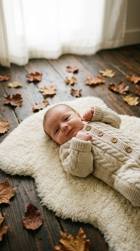 Infant on ivory wool rug wearing oatmeal-colored cable knit romper with wooden buttons.