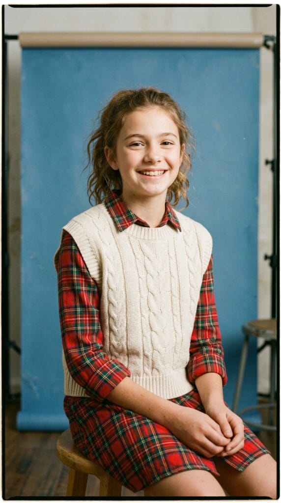 Fall School Style for Tweens: Cute Outfits for Younger Girls 10 Preteen girl in a cream sweater vest and red plaid dress.