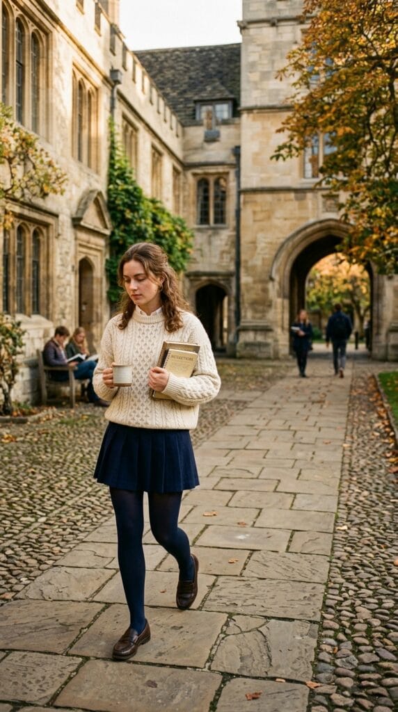 Woman wearing a cream cable-knit wool sweater with a pleated navy tennis skirt.