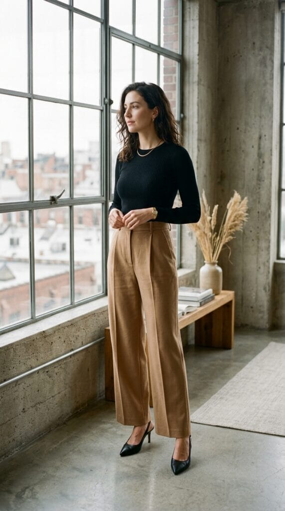 Woman wearing camel wide-leg trousers with a fitted rib-knit top indoors.