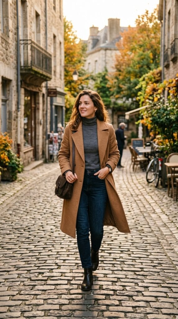 Woman wearing an open camel wool trench coat over a fitted turtleneck on a city street.