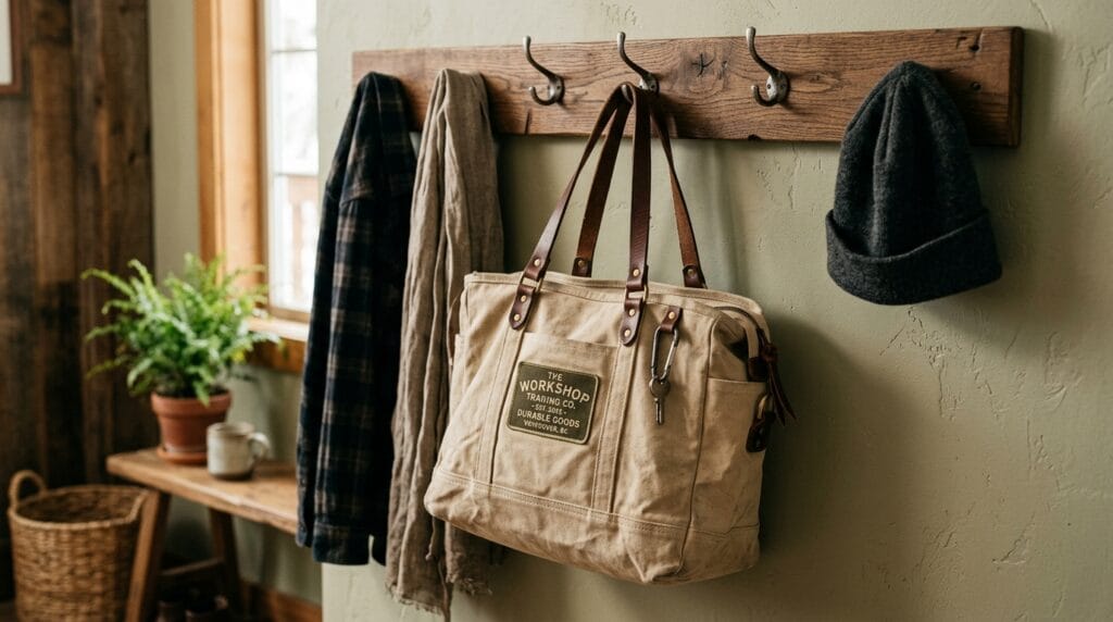 Cream colored canvas tote bag hanging on a simple wooden hook against walls.