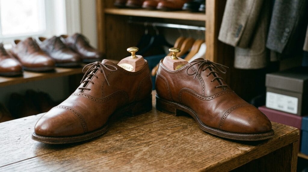 Aromatic cedar wood shoe trees placed inside polished brown leather dress shoes.
