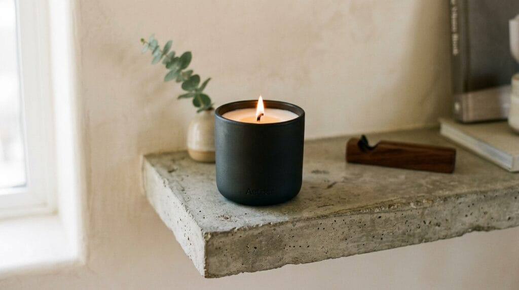 Matte black ceramic candle jar with a warm flickering flame on concrete.