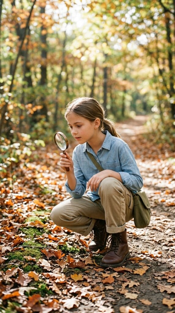 Fall School Style for Tweens: Cute Outfits for Younger Girls 9 Preteen girl wearing blue chambray and khaki pants on a wooded trail.