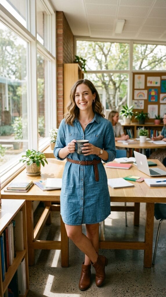 Your Classroom Wardrobe for Autumn: Fall Teacher Outfits Beyond Week One 9 A teacher wearing a blue chambray shirtdress with a brown leather belt.