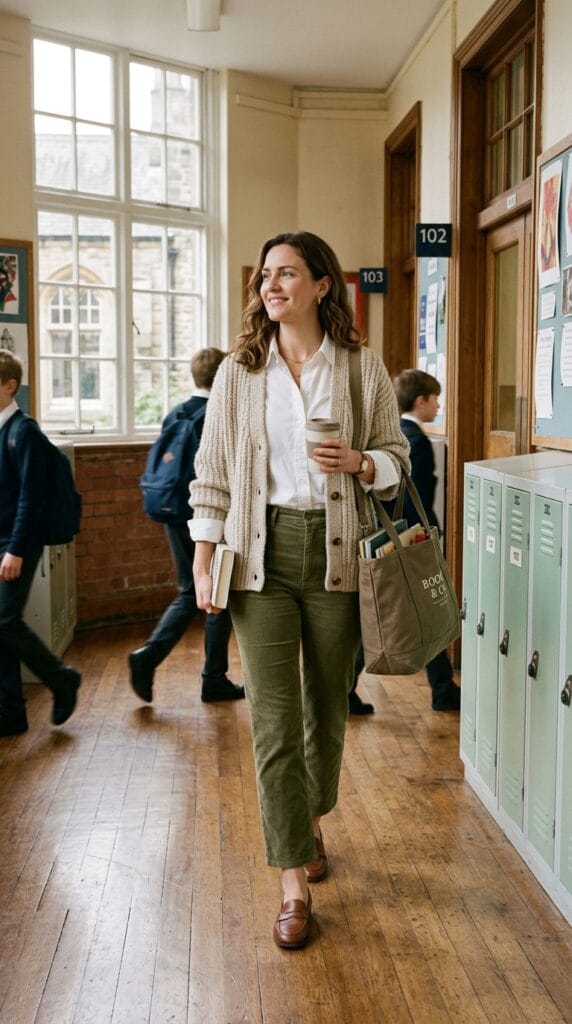 Woman wearing a chunky cardigan layered over a collared shirt in a hallway.