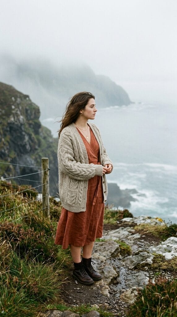 Terracotta linen wrap dress layered beneath an oversized cream cable knit cardigan sweater.