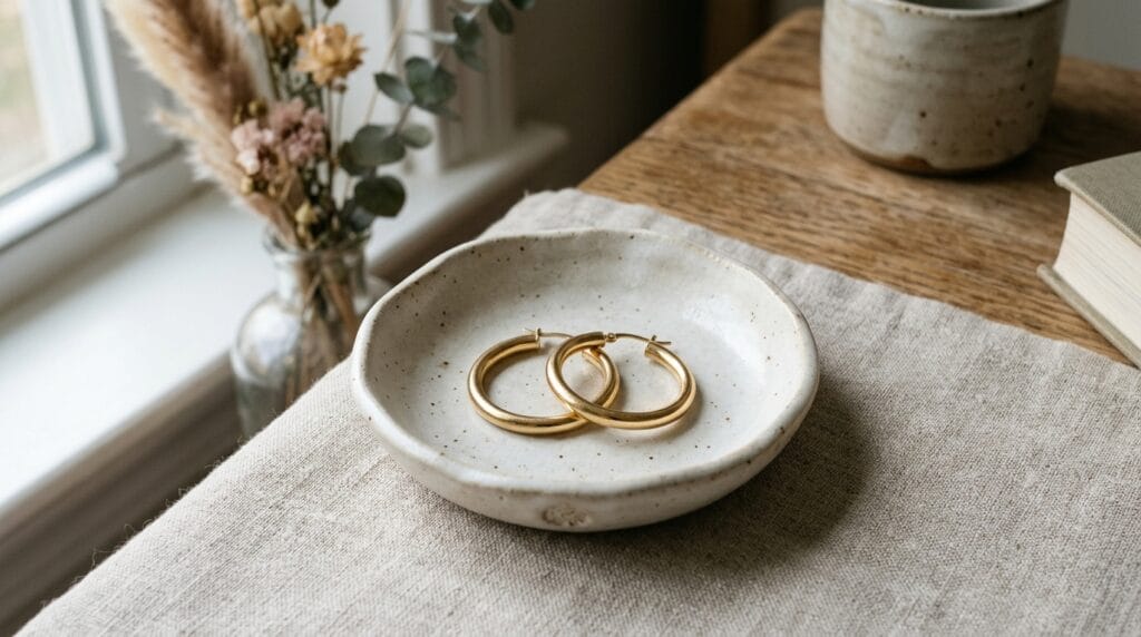 Pair of thick classic gold hoop earrings resting in a white ceramic dish.