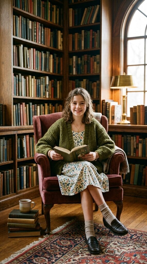 Fall School Style for Tweens: Cute Outfits for Younger Girls 4 Girl wearing a green cardigan and floral dress in a library.