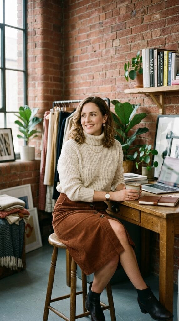 Rust corduroy button-through skirt worn with a heavy cream cable knit turtleneck sweater.