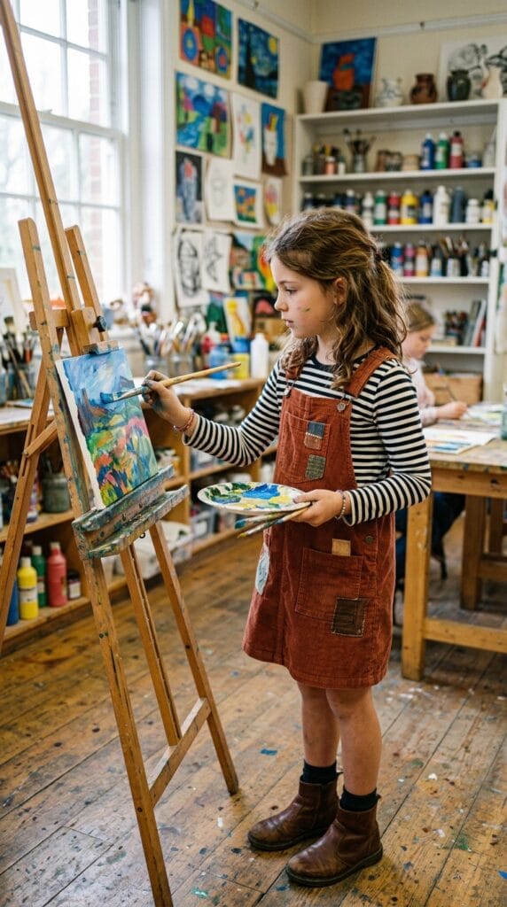 Fall School Style for Tweens: Cute Outfits for Younger Girls 3 Preteen girl in rust corduroy overalls and striped tee in an art classroom.