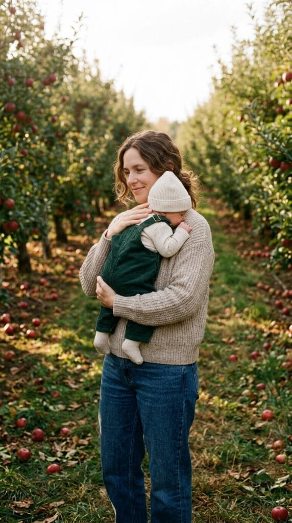 Newborn held in orchard wearing forest green corduroy overall romper and cream bodysuit.