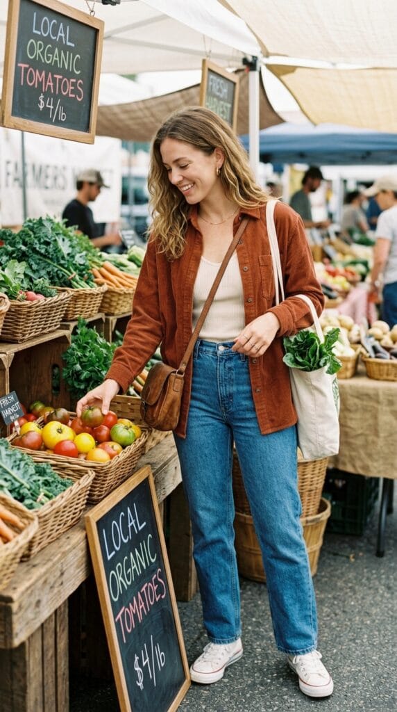 Woman wearing a rust corduroy overshirt open over a ribbed tank top outdoors.