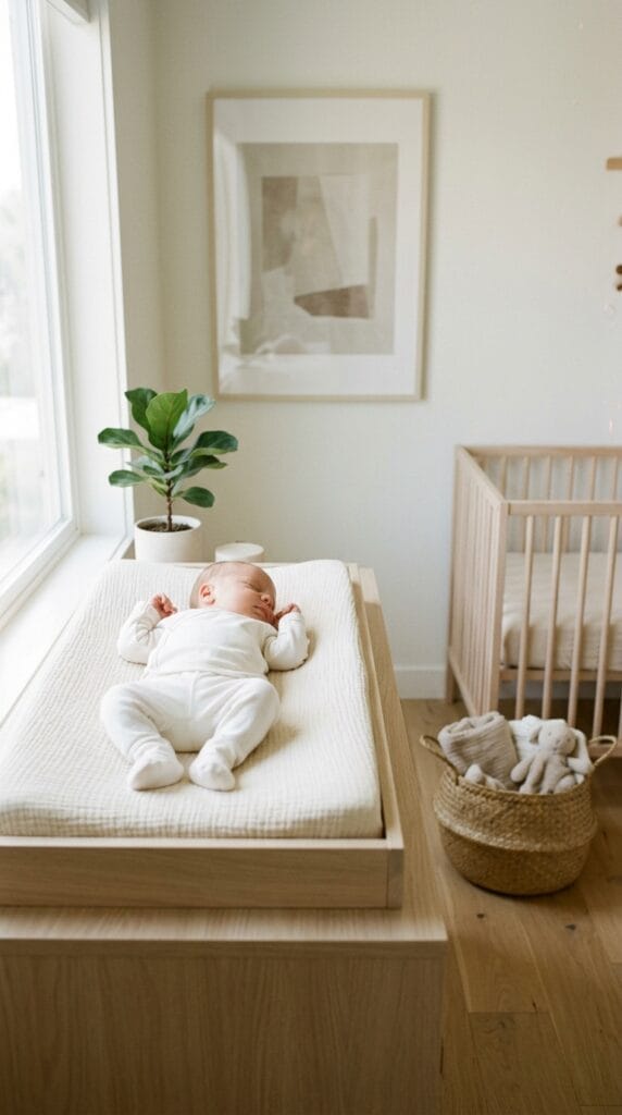 Newborn baby on changing pad wearing white cotton interlock kimono-style side snap set.