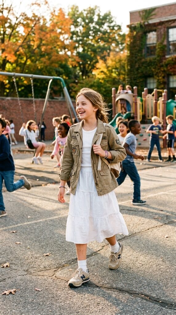 Fall School Style for Tweens: Cute Outfits for Younger Girls 2 Preteen girl wearing a khaki utility jacket and white tiered midi skirt on a playground.