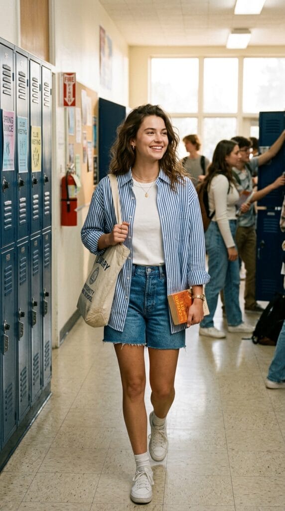 Cute School Outfits for Summer: From Homeroom to After-School Plans 2 A model wearing a striped blue cotton button-down shirt and denim cutoffs in a school hallway.