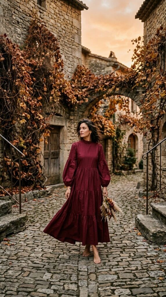 Woman wearing a burgundy tiered cotton poplin maxi dress in a courtyard.