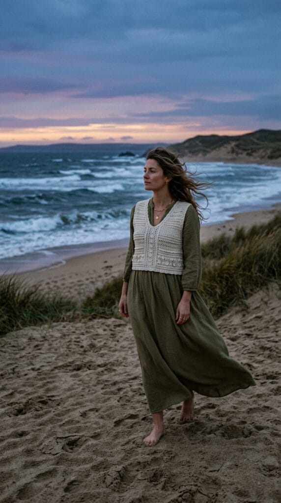 Olive green gauze maxi dress layered under a cream crochet knit vest on a beach.