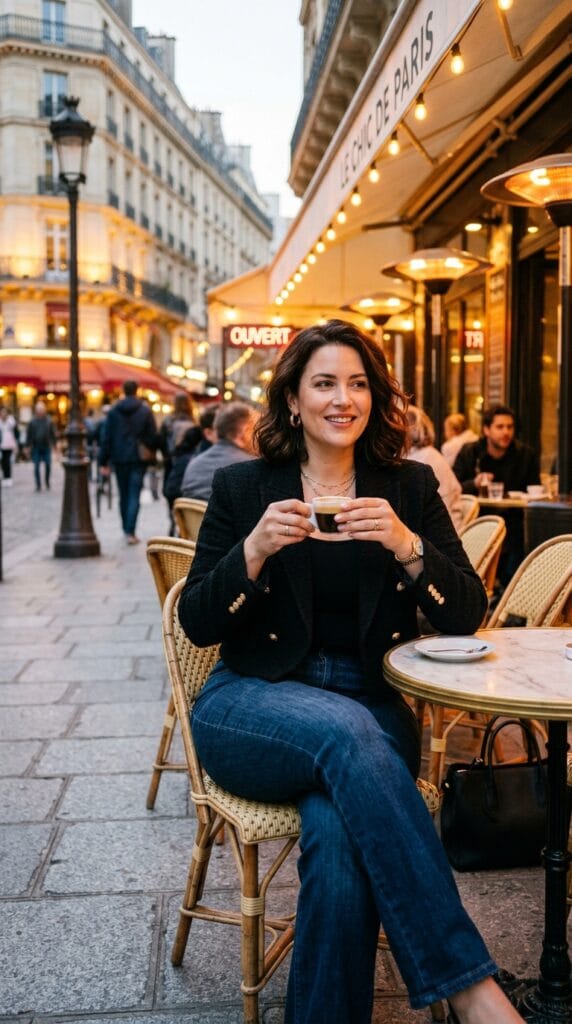 Curvy woman wearing a black cropped bouclé jacket and dark flare jeans.