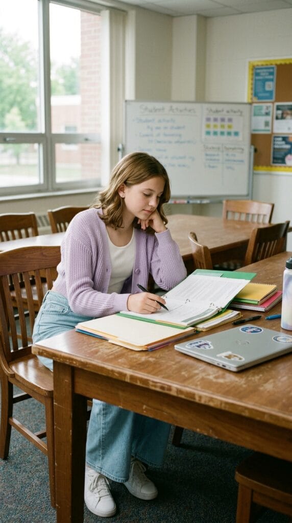 Fall School Style for Tweens: Cute Outfits for Younger Girls 15 Preteen girl wearing a lavender cardigan and wide-leg jeans at a meeting.