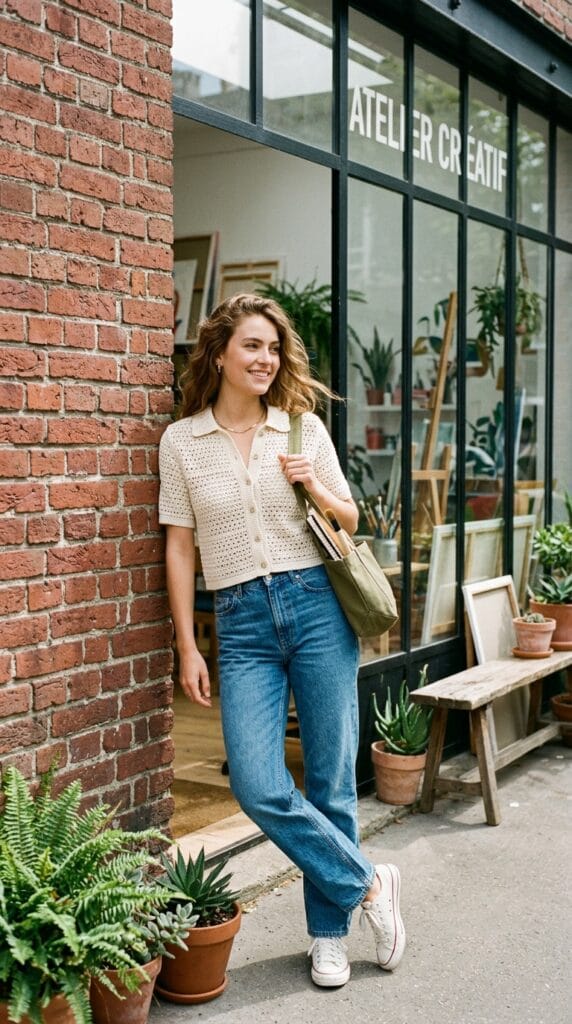 Cute School Outfits for Summer: From Homeroom to After-School Plans 8 Model in a cream crochet knit polo shirt and high-waisted blue jeans outdoors.