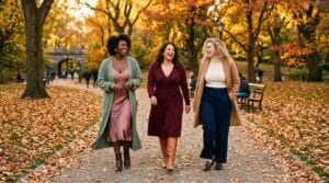 Three curvy women in stylish autumn outfits standing in a golden city park.