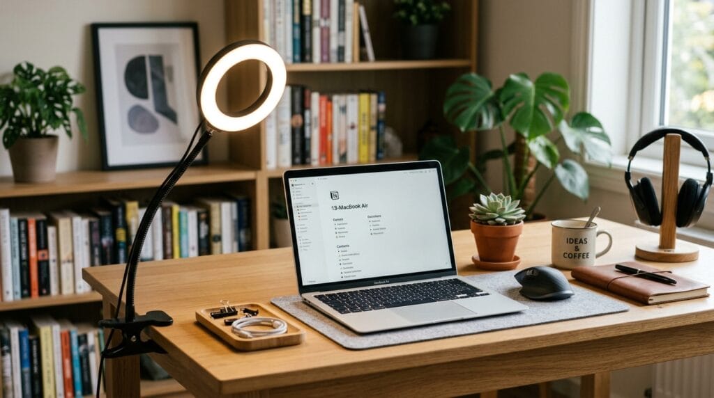 Minimalist workspace featuring an adjustable circular ring light on a sleek metal stand.