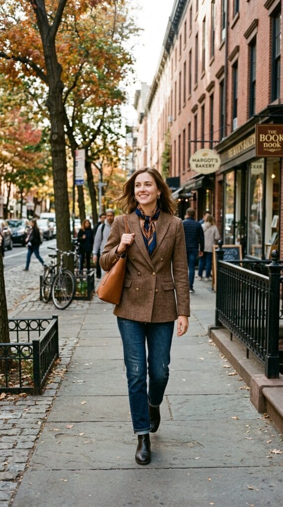Woman wearing a double-breasted tweed blazer and straight-leg jeans with a silk neck scarf.