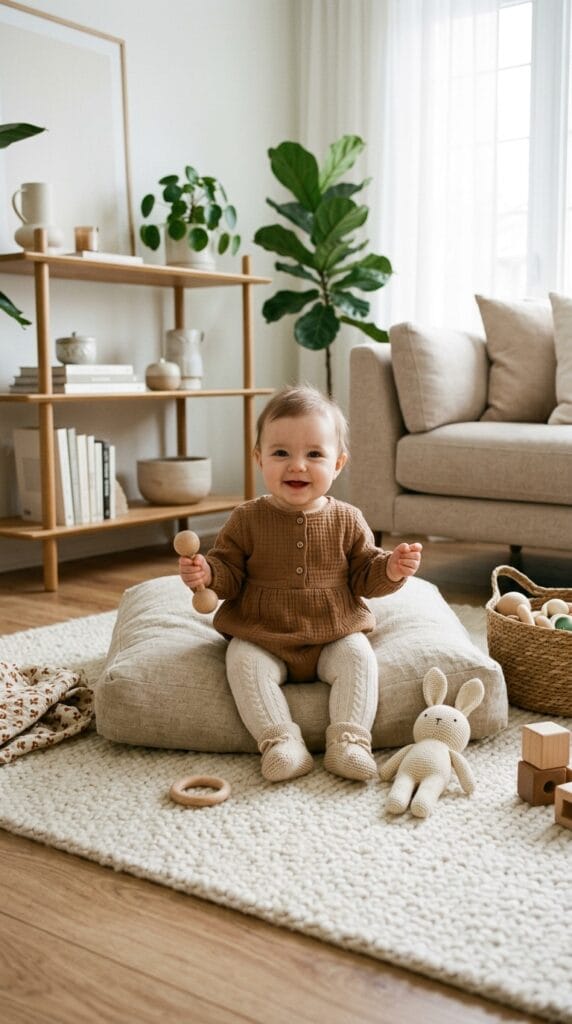 Baby on floor cushion wearing brown double-gauze bubble romper and cream knit tights.