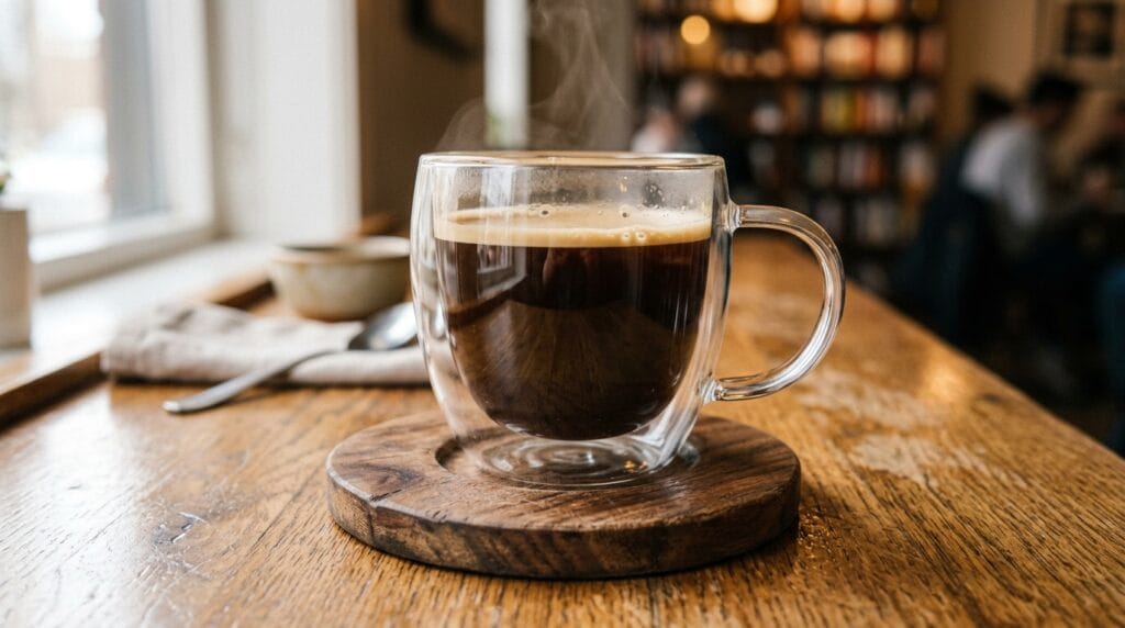Clear double-walled glass coffee mug showing rich dark espresso liquid inside.