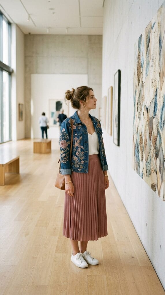 Dusty rose pleated crepe midi skirt styled with a blue embroidered denim jacket.
