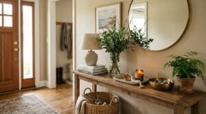 A styled entryway console table with a lamp, mirror, and various decorative items.