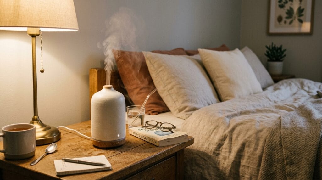 Ceramic aromatherapy diffuser emitting a gentle white mist on a cozy bedside table.