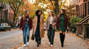 Three women wearing varied fall outfits including coats, blazers, and knitwear on a city street.