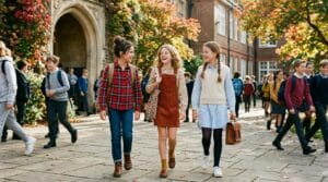 A group of preteen girls wearing cute fall school outfits in a courtyard.