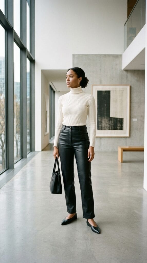 Faux Leather Trousers With an Ivory Turtleneck