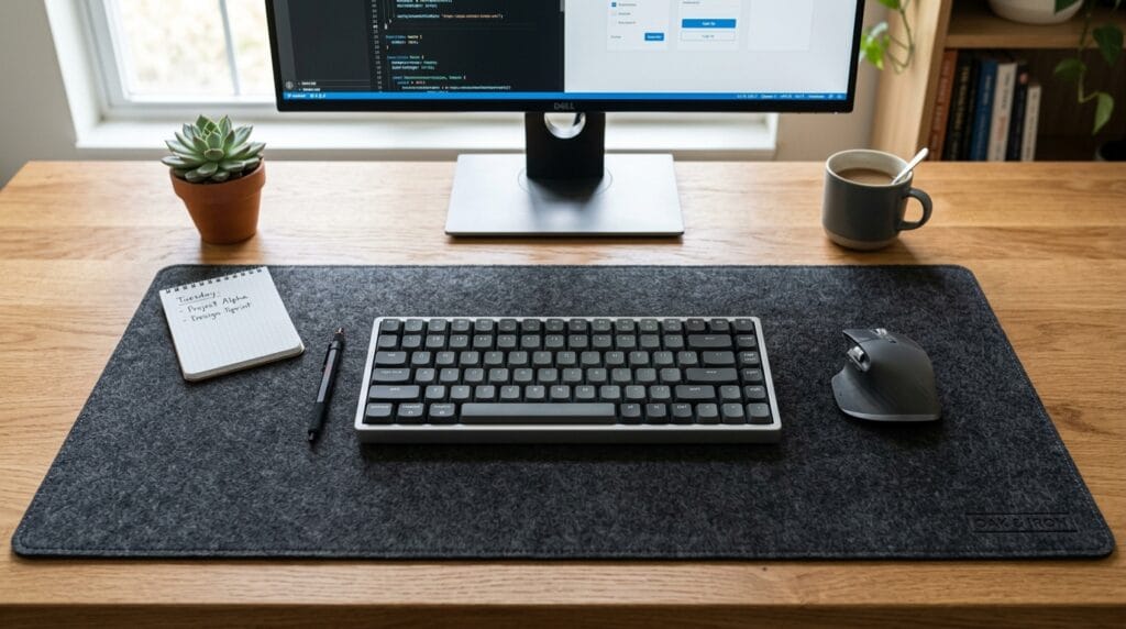 Dark grey felt desk mat organizing a clean white keyboard and mouse.