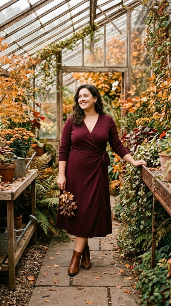 Curvy woman posing in a burgundy cotton-cashmere wrap midi dress.