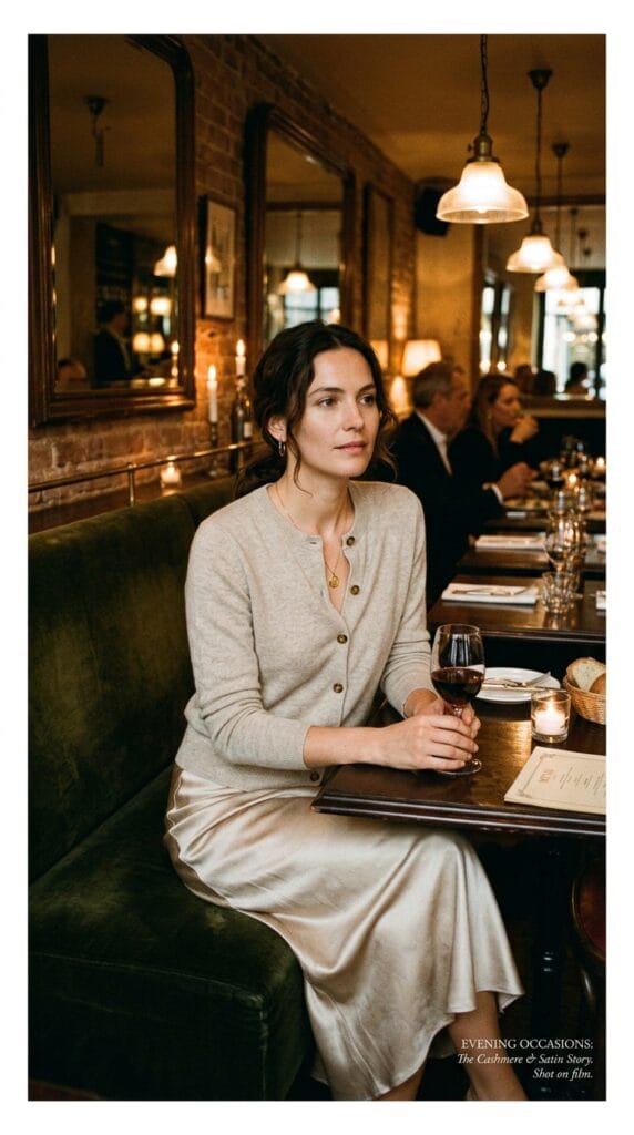 Woman wearing a buttoned cashmere cardigan and champagne satin slip skirt.