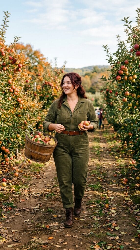 Curvy woman in an olive green corduroy boiler suit at an apple orchard.