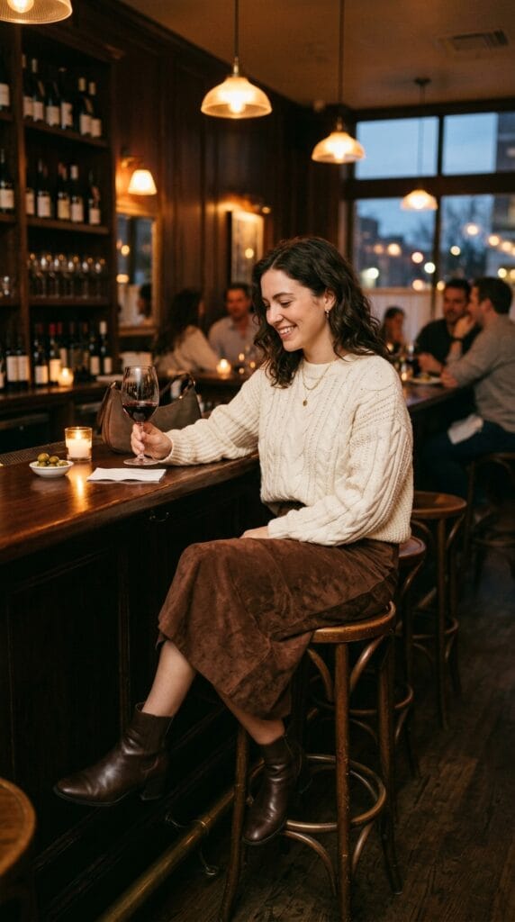 Woman wearing a fitted suede skirt with a chunky knit sweater at a bar.