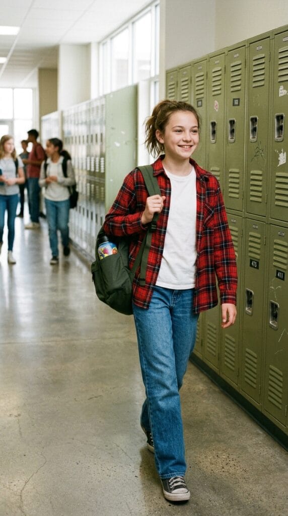 Fall School Style for Tweens: Cute Outfits for Younger Girls 6 Preteen wearing a red flannel shirt and blue jeans in a school hallway.