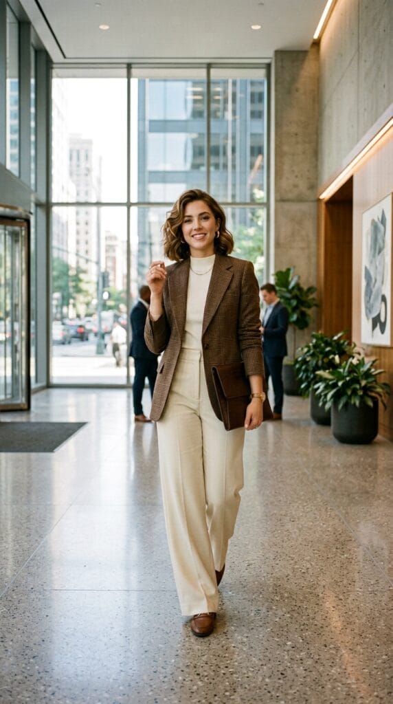 Woman wearing a brown flannel plaid blazer with wide-leg cream trousers.