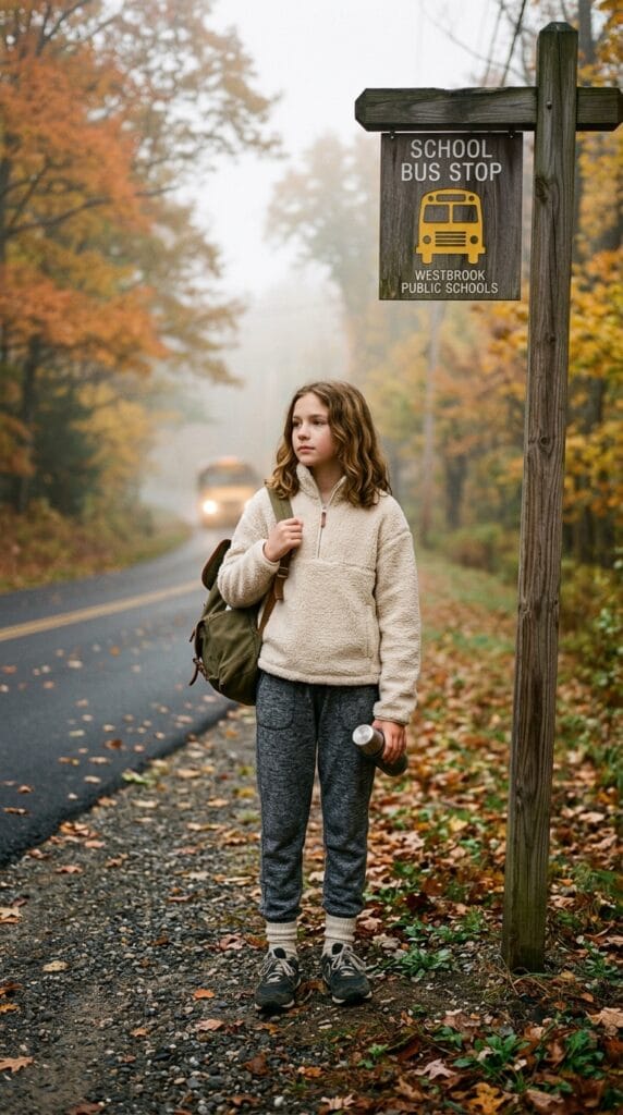 Fall School Style for Tweens: Cute Outfits for Younger Girls 8 Preteen girl wearing a fleece pullover and grey joggers at a bus stop.