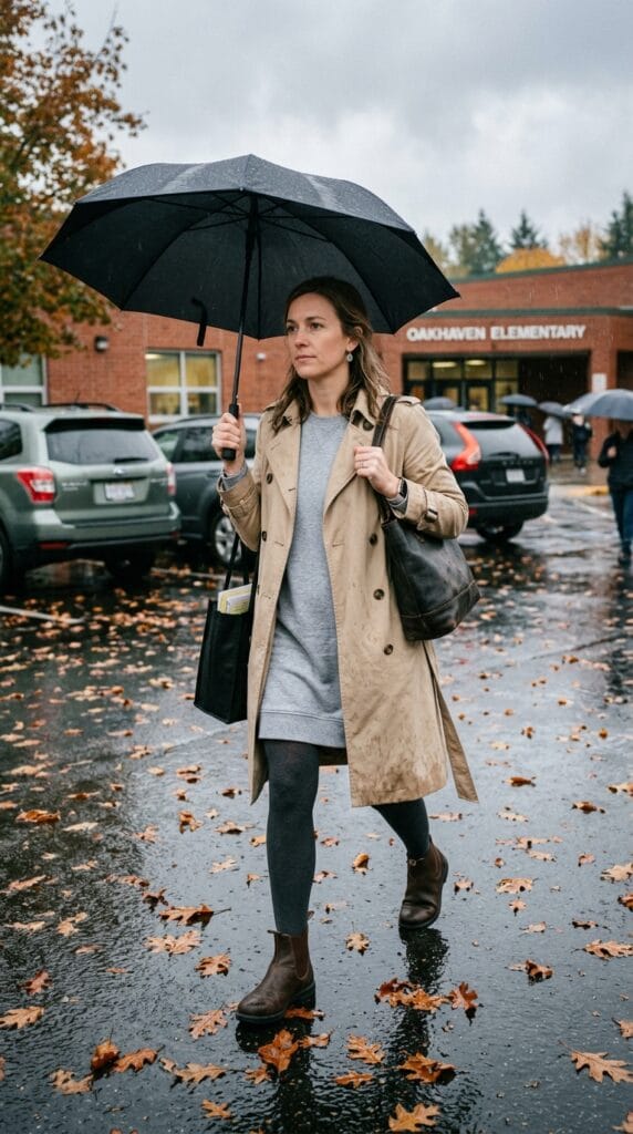 Your Classroom Wardrobe for Autumn: Fall Teacher Outfits Beyond Week One 13 A teacher wearing a grey sweatshirt dress and a beige trench coat.