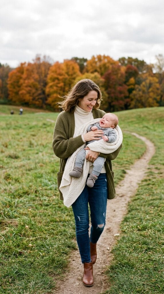Parent holding a newborn wearing a heather gray French terry sweatshirt and joggers.