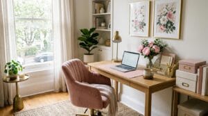 Chic feminine home office setup with pink and gold decor in soft light.