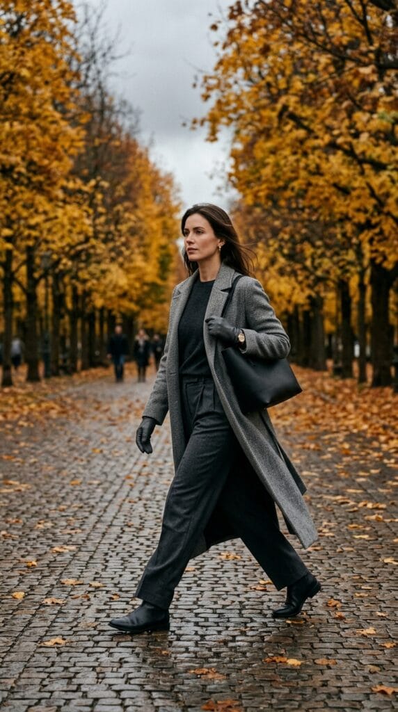 Woman wearing a grey herringbone wool coat with pleated charcoal trousers.